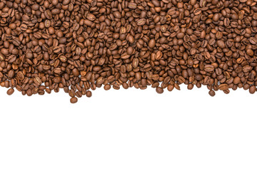 Roasted coffee beans on white background. Close-up image. Copy space for text.