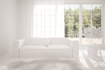 Stylish room in white color with sofa and green landscape in window. Scandinavian interior design. 3D illustration