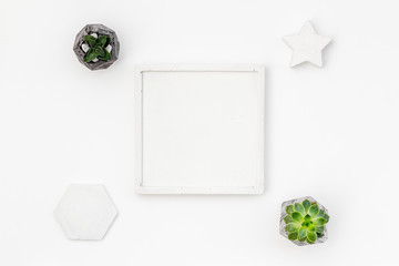 modern design of work desk on white background top view
