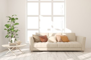 Stylish room in white color with sofa. Scandinavian interior design. 3D illustration