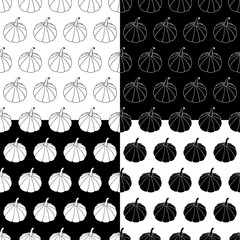 Cute cartoon pumpkin pattern set with hand drawn pumpkins. Sweet vector black and white pumpkin pattern set. Seamless monochrome doodle pumpkin pattern set for textile, wallpapers, wrapping and cards.