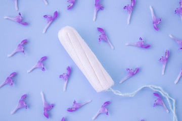 The concept of the menstrual period. Protection of feminine hygiene. Cotton tampons on a blue background. Top view, flat lay.