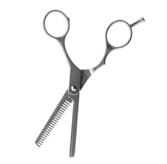 New thinning scissors on white background. Professional hairdresser tool