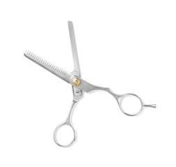 New thinning scissors on white background, top view. Professional hairdresser tool