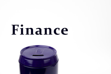Money box with text finance isolated on white background. Money saving financial concept.