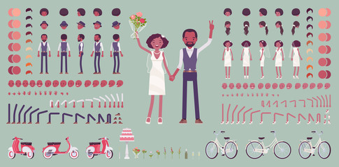 Bride and groom, happy black pair on a wedding ceremony, creation set, traditional celebration kit, decor constructor elements to build your own design. Cartoon flat style infographic illustration