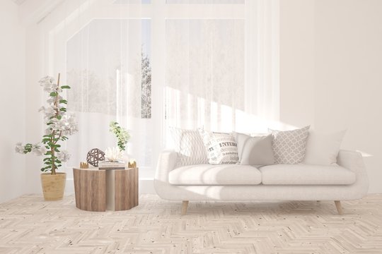 Stylish room in white color with sofa. Scandinavian interior design. 3D illustration