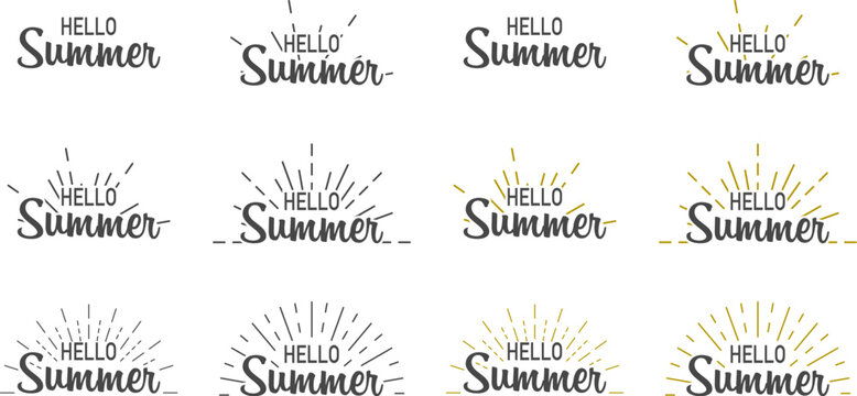Hello summer. Banner set hello summer with sunburst. Sumer illustration. Text summer in lettering style. Vector