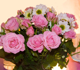 bouquet of pink roses. Birthday gifts from friends