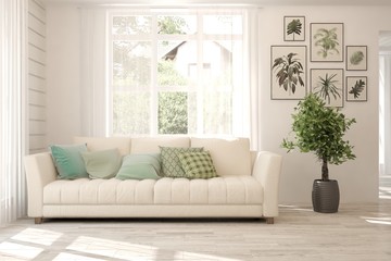 Stylish room in white color with sofa. Scandinavian interior design. 3D illustration