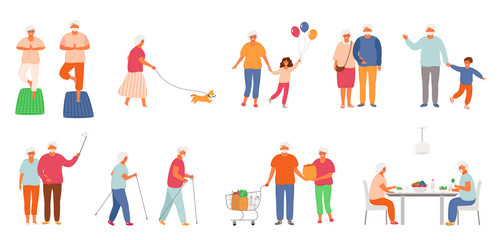 Fototapeta na wymiar Set of active lifestyle seniors. Elderly people characters. Old people eat healthy food, do yoga, nordic walking, walk their pet, spend time with their grandchildren, take a selfie.