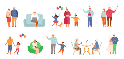 Set of active lifestyle seniors. Elderly people characters. Old people visit a cafe, use a laptop, talk on the phone, celebrate a birthday with family, dance together, take a selfie.