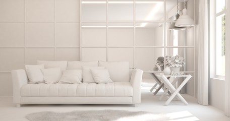 Mock up of stylish room in white color with sofa. Scandinavian interior design. 3D illustration