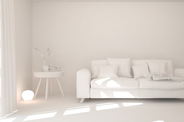 Mock up of stylish room in white color with sofa. Scandinavian interior design. 3D illustration