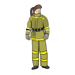 Vector drawing, girl working as a fireman, an unusual female profession