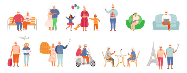 Fototapeta premium Set of active lifestyle seniors. Elderly people characters. Old people traveling the world, visit a cafe, use a laptop, talk on the phone, celebrate a birthday with family, dance together.