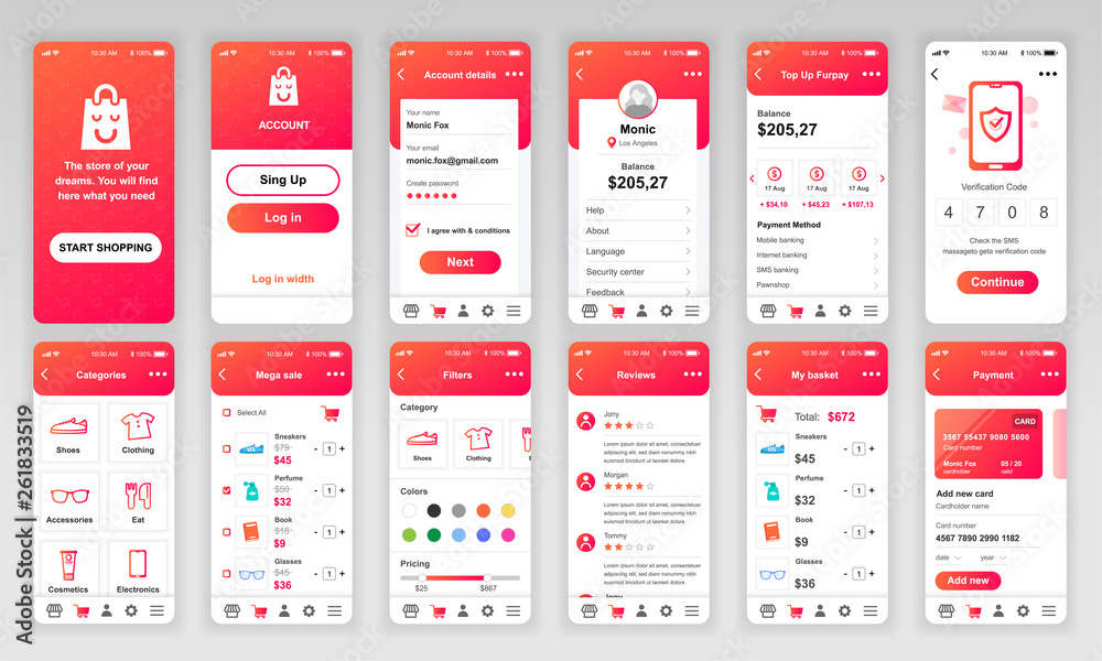Poster set of ui, ux, gui screens shopping app flat design template for mobile apps, responsive website wir