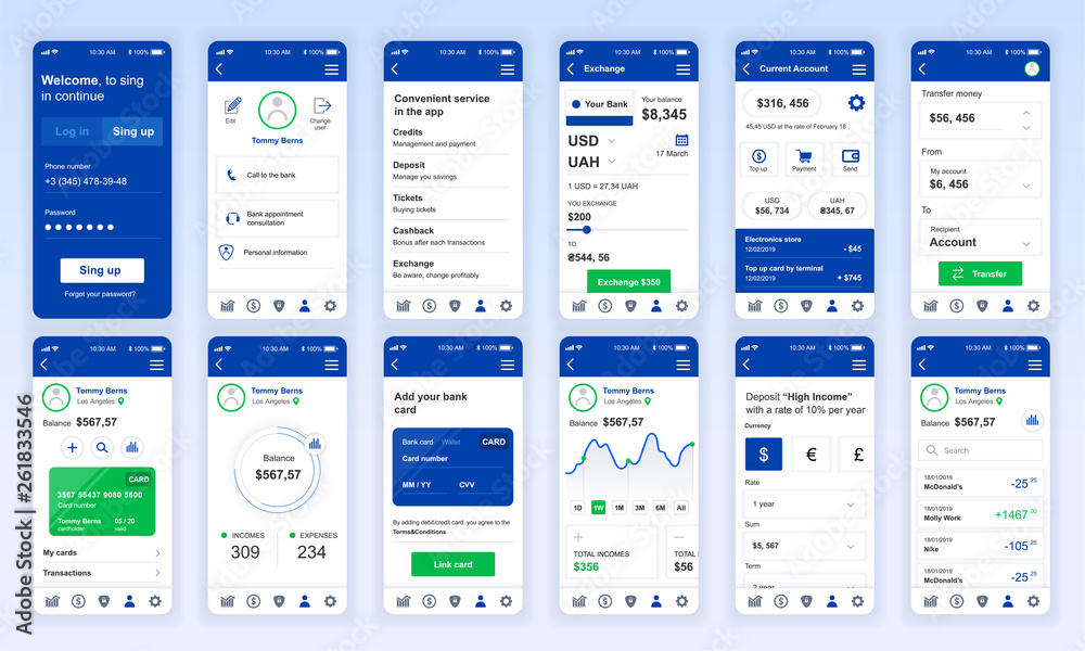 Poster set of ui, ux, gui screens banking app flat design template for mobile apps, responsive website wire