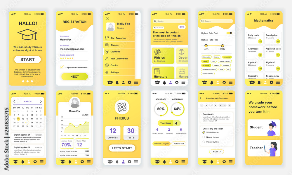 Poster set of ui, ux, gui screens education app flat design template for mobile apps, responsive website wi