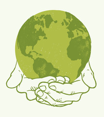 Hands holding Green Earth - vintage ecological vector illustration