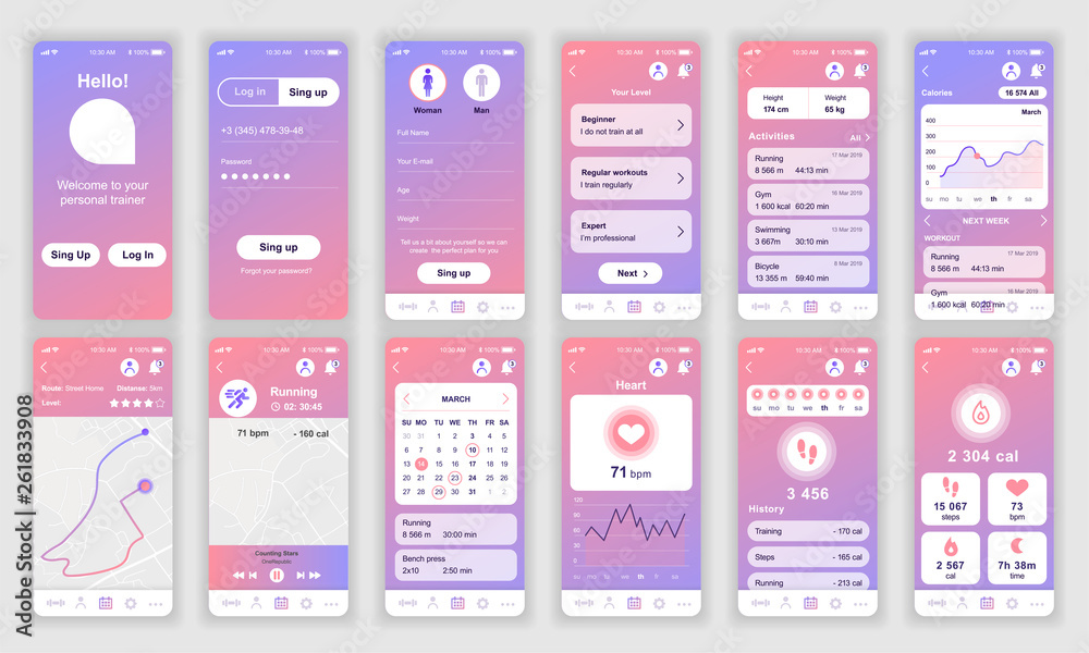 Poster Set of UI, UX, GUI screens Fitness app flat design template for mobile apps, responsive website wireframes. Web design UI kit. Fitness Dashboard.