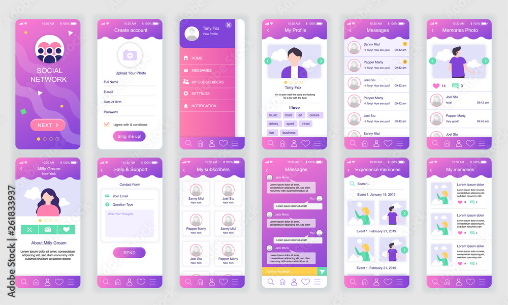 Wall mural set of ui, ux, gui screens social network app flat design template for mobile apps, responsive websi
