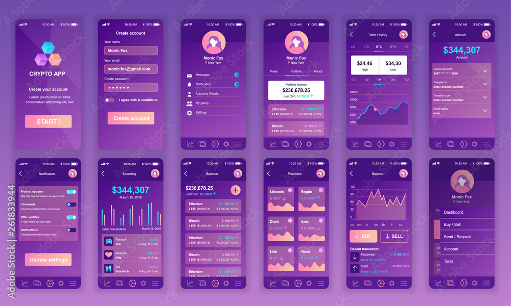 Wall mural set of ui, ux, gui screens cryptocurrency app flat design template for mobile apps, responsive websi