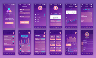 Set of UI, UX, GUI screens Cryptocurrency app flat design template for mobile apps, responsive website wireframes. Web design UI kit. Cryptocurrency Dashboard. - obrazy, fototapety, plakaty
