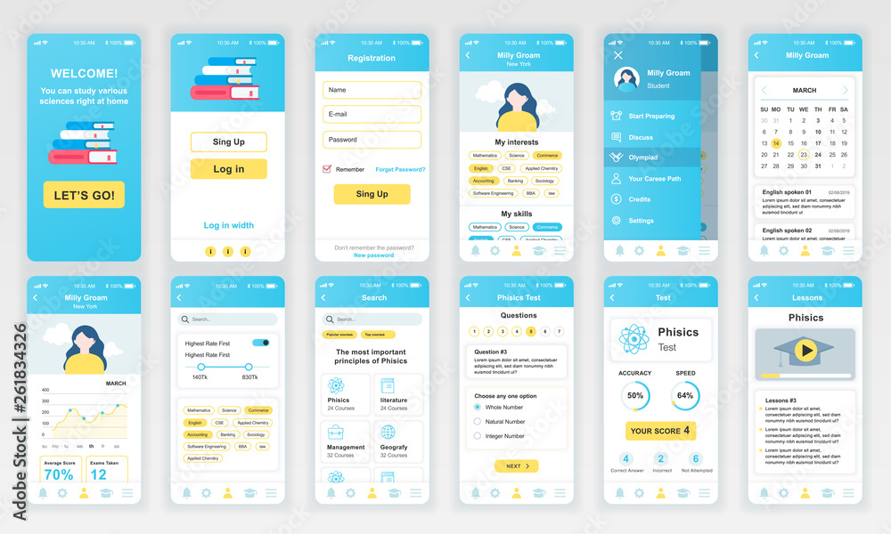Aufkleber set of ui, ux, gui screens education app flat design template for mobile apps, responsive website wi