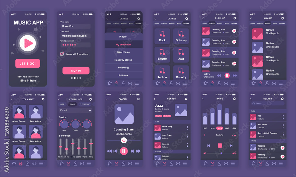Aufkleber Set of UI, UX, GUI screens Music app flat design template for mobile apps, responsive website wireframes. Web design UI kit. Music Dashboard.