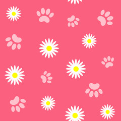Fototapeta na wymiar White daisies and animal paws on a pink background seamless pattern.