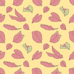 Naklejka na ściany i meble Seamles pattern with exotic Syngonium Pink Neon Robusta plant leaves on light yellow background