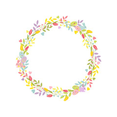 Easter Wreath with cute rabbits, twigs, hearts, lilies of the valley, tulips. Color isolated vector on white background.