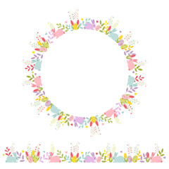 Easter set of horizontal floral ornament with cartoon bunnies and decorative wreath. Color vector isolated on white background.