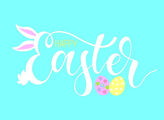 Hand sketched Happy Easter with rabbit ears and tail, flowers and eggs typography lettering poster. Modern calligraphy. White sign isolated on blue background. Vector illustration.