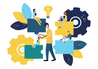 Business concept. Team metaphor. people connecting puzzle elements. Vector illustration flat design style. Symbol of teamwork, cooperation, partnership, new ideas, new victories