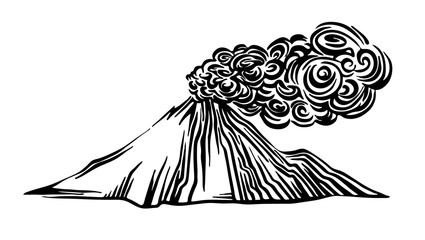 Hand drawn volcano eruption outline sketch. Vector black ink drawing isolated on white background. Graphic illustration - obrazy, fototapety, plakaty