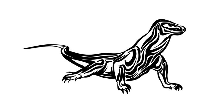 Hand drawn Komodo dragon. Vector black ink drawing lizard isolated on white background. Graphic animal illustration