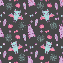 Cute Halloween seamless pattern with violet and blue cartoon bats, spiderwebs, ribbons, pumpkins and eyeballs on dark black background