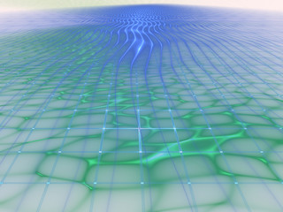 Futuristic lattice water surface in perspective. Reflection of light on the water. Modern 3d illustration.