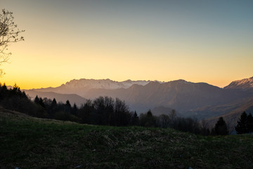 Fototapeta premium Sunset over Soca valley and mountain Kanin in Julian Alps