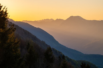 Sunset over Soca valley and mountain Stol in Slovenia, Europe