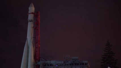 Time Lapse. Rocket is installed on the launch pad, prepared for space flight. Night before start. Full-size museum copy of the rocket of the Soviet Union. Spaceship. Ultra HD stock footage. Timelapse