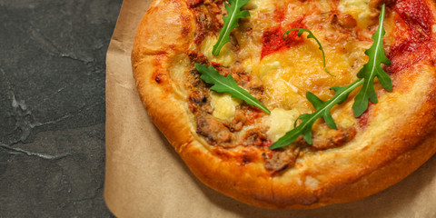 pizza, chicken, tomato sauce, cheese, (pizza ingredients). hot pizza. Top view. copy space