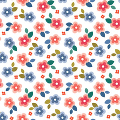 Cute seamless vector floral mini print in coral, blush, blue and red on white background. Colorful summer pattern design for home decor and fashion textiles, gift wrapping paper and birthdays.