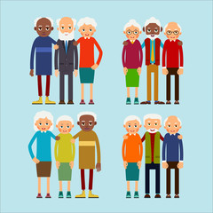 Old people standing. Elderly men and women europeans and african american ethnic friends. Senior stand and hug each other. Set happy seniors. Illustration isolated on background in flat