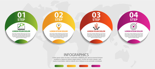 Modern 3D vector illustration. Circular infographic template with four elements. Icons and text. Designed for business, presentations, web design, applications, interfaces, diagrams with 4 steps