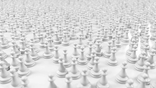 camera moves over a crowd of white pawns and focuses on the black pawn