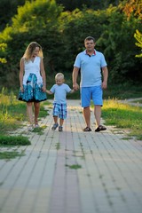 Happy family: dad, mom and little son holding hands and walking along the path in the Park at sunset summer day. The concept of family happiness. Vertical view
