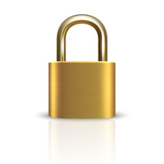 Naklejka premium Vector 3d Realistic ClosedMetal Golden Padlock Icon Closeup Isolated on White Background. Design Template of Gold Lock for Protection Privacy, Web and Mobile Apps, Logo